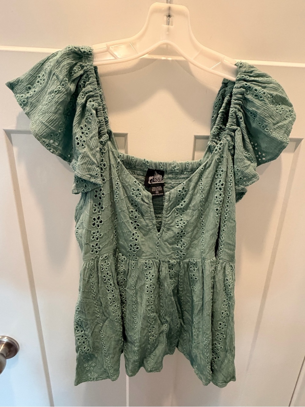 Angie Sage Green Eyelet Puff Sleeve Peplum Boho Blouse Top M